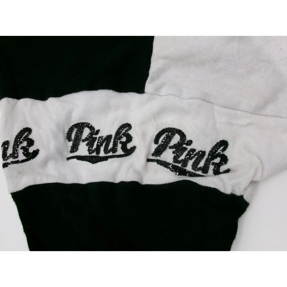 Victoria's Secret PINK Black White Colorblock Glitter Logo Long Sleeve Shirt L - Picture 3 of 15